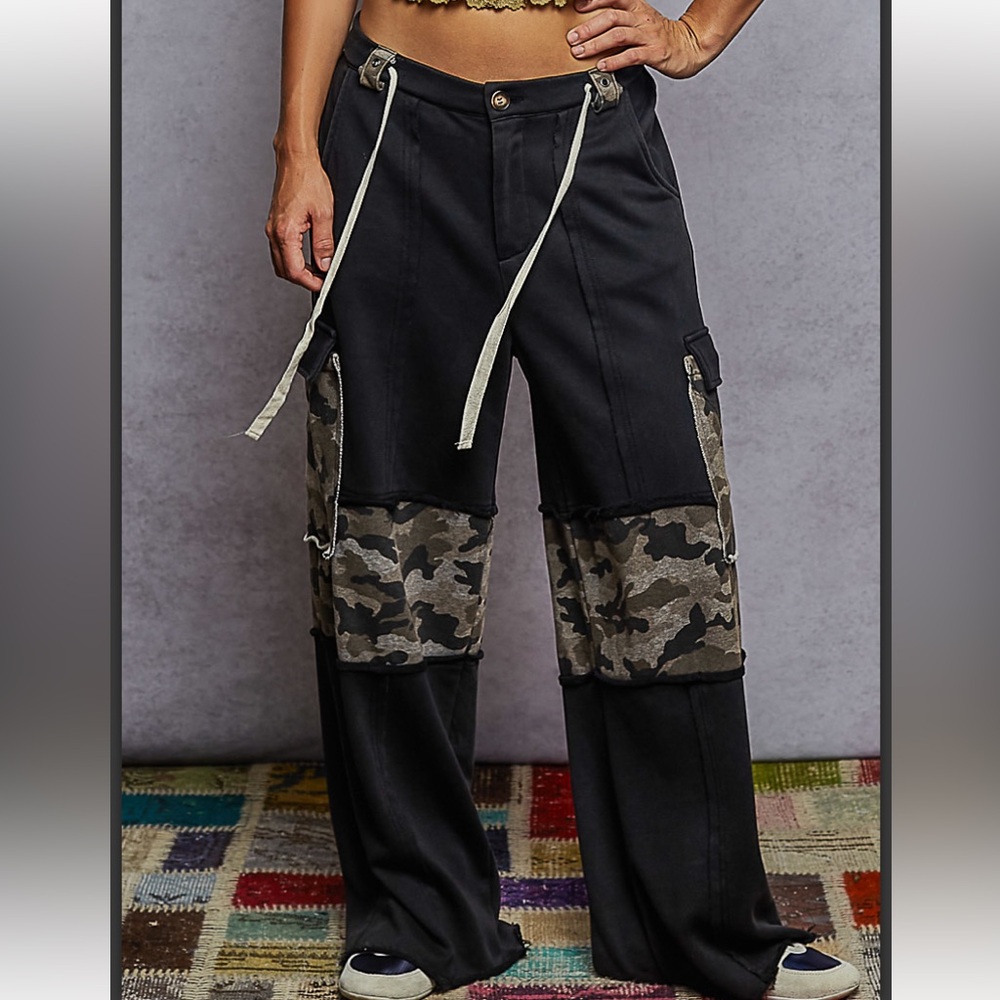 POL Black Wide-Leg Cargo Pants with Olive Camo Panels